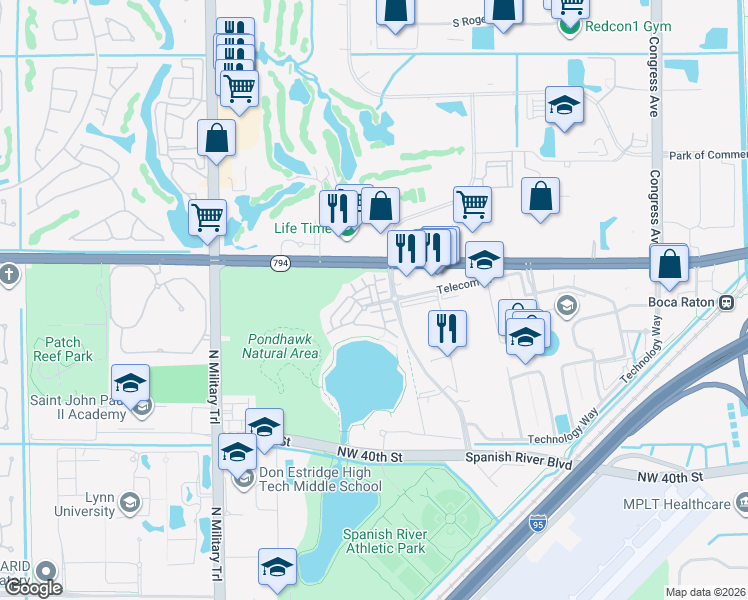 map of restaurants, bars, coffee shops, grocery stores, and more near 1550 Northwest 49th Lane in Boca Raton