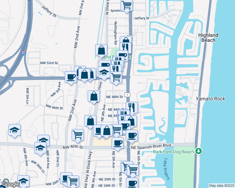 map of restaurants, bars, coffee shops, grocery stores, and more near 559 Northeast 48th Street in Boca Raton