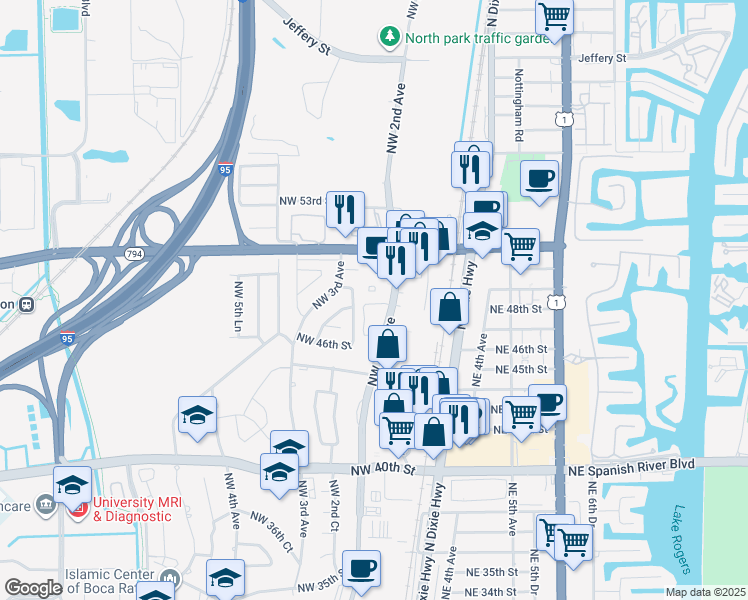 map of restaurants, bars, coffee shops, grocery stores, and more near 4880 Northwest 2nd Court in Boca Raton