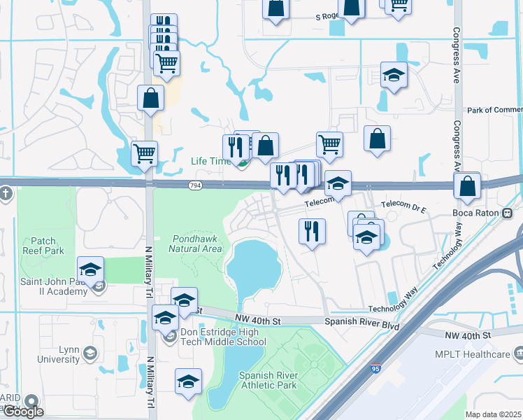 map of restaurants, bars, coffee shops, grocery stores, and more near 1550 Northwest 49th Lane in Boca Raton