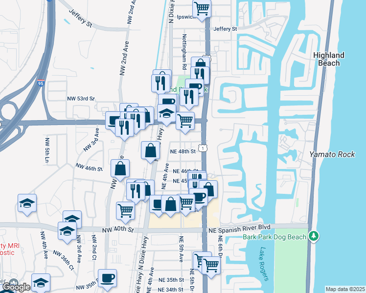 map of restaurants, bars, coffee shops, grocery stores, and more near 4850 Northeast 5th Avenue in Boca Raton