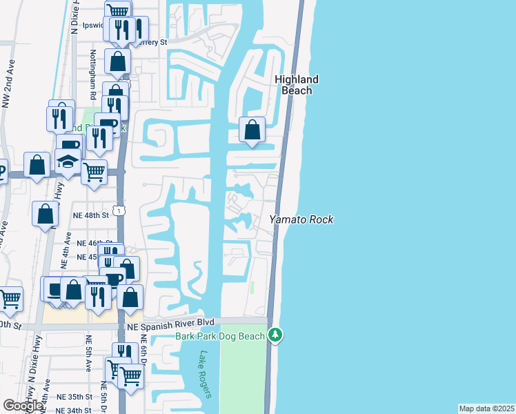 map of restaurants, bars, coffee shops, grocery stores, and more near 4746 South Ocean Boulevard in Highland Beach