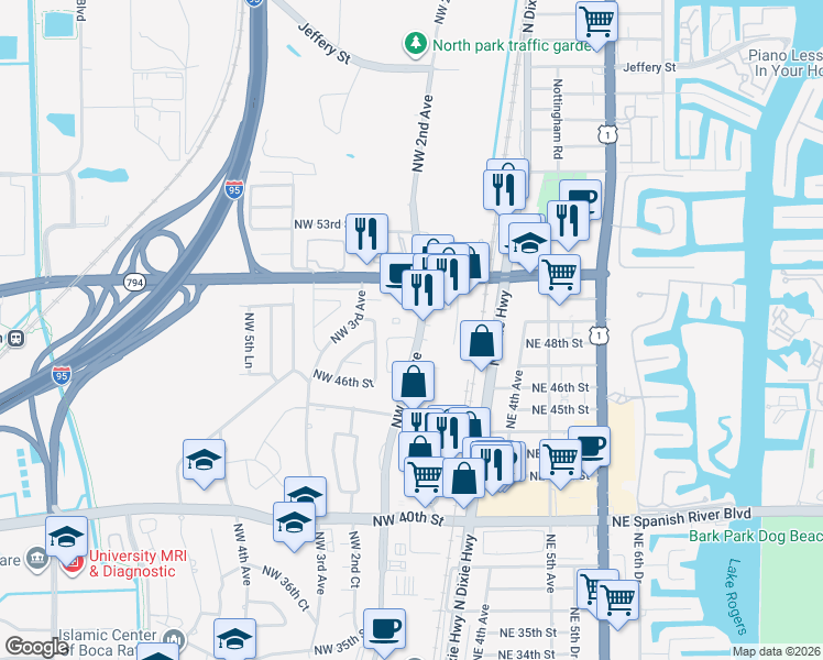 map of restaurants, bars, coffee shops, grocery stores, and more near 4742 Northwest 2nd Avenue in Boca Raton