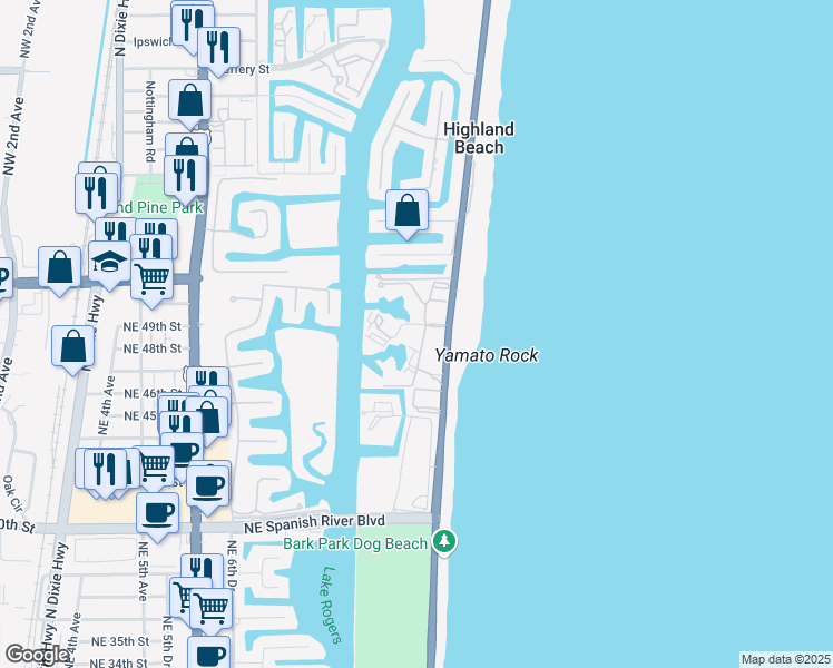 map of restaurants, bars, coffee shops, grocery stores, and more near 4746 South Ocean Boulevard in Highland Beach