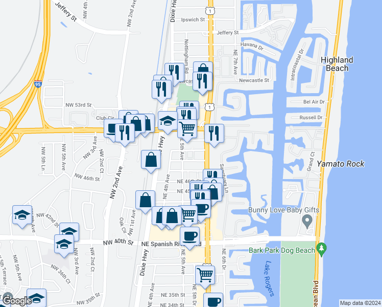 map of restaurants, bars, coffee shops, grocery stores, and more near 541 Northeast 48th Street in Boca Raton