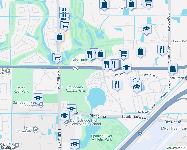 map of restaurants, bars, coffee shops, grocery stores, and more near 1550 Northwest 49th Lane in Boca Raton