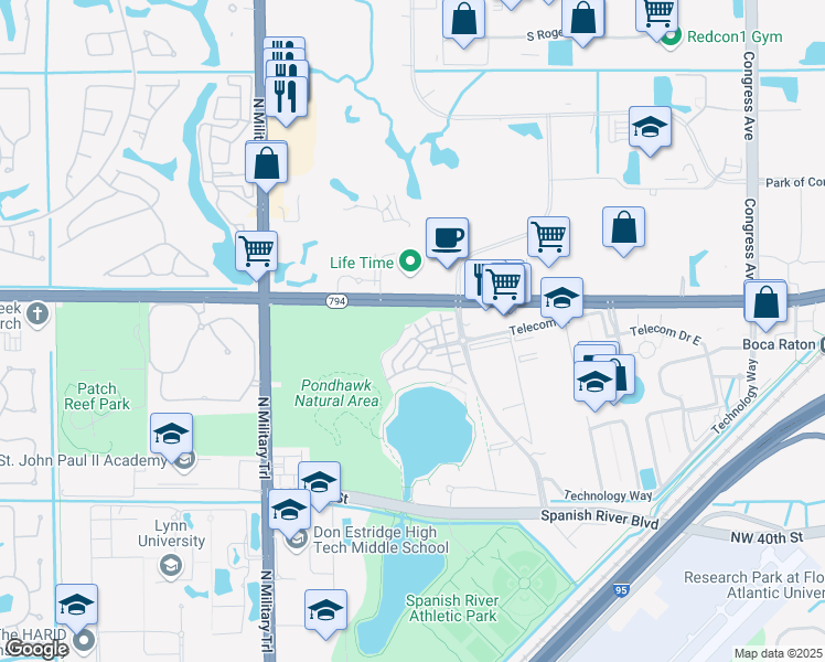 map of restaurants, bars, coffee shops, grocery stores, and more near 1550 Northwest 49th Lane in Boca Raton