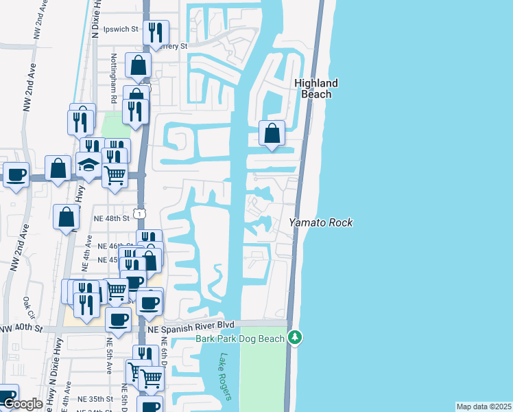 map of restaurants, bars, coffee shops, grocery stores, and more near 4740 South Ocean Boulevard in Highland Beach