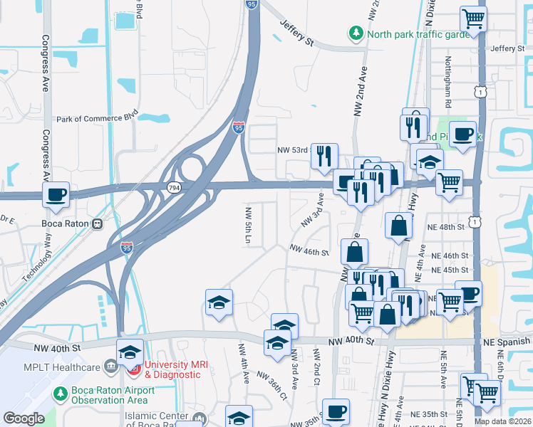 map of restaurants, bars, coffee shops, grocery stores, and more near 4778 Northwest 5th Terrace in Boca Raton