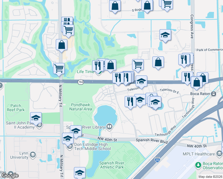 map of restaurants, bars, coffee shops, grocery stores, and more near 1408 Northwest Broken Sound Boulevard in Boca Raton