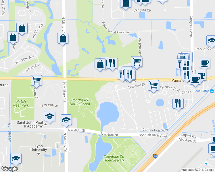 map of restaurants, bars, coffee shops, grocery stores, and more near 1550 Northwest 49th Lane in Boca Raton