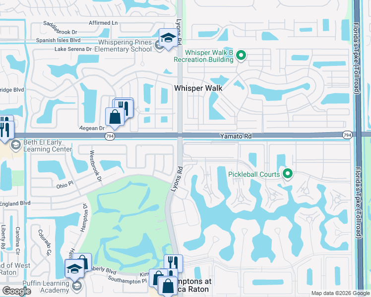 map of restaurants, bars, coffee shops, grocery stores, and more near 15 Suffolk A in Boca Raton