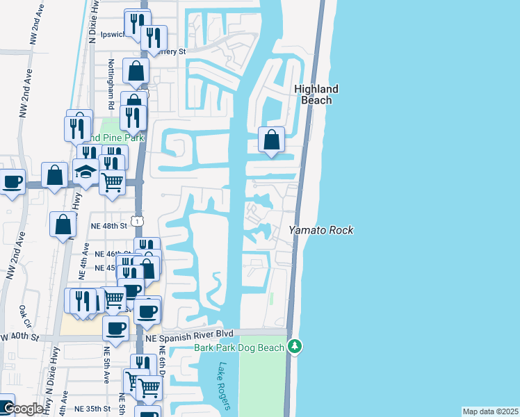 map of restaurants, bars, coffee shops, grocery stores, and more near 4746 South Ocean Boulevard in Highland Beach