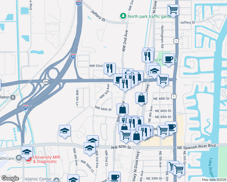 map of restaurants, bars, coffee shops, grocery stores, and more near 4880 Northwest 2nd Court in Boca Raton