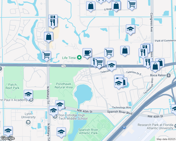 map of restaurants, bars, coffee shops, grocery stores, and more near 1408 Northwest Broken Sound Boulevard in Boca Raton