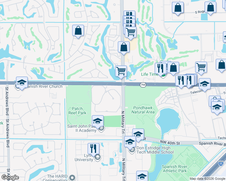 map of restaurants, bars, coffee shops, grocery stores, and more near 4942 Northwest 23 Court in Boca Raton