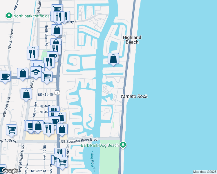 map of restaurants, bars, coffee shops, grocery stores, and more near 4746 South Ocean Boulevard in Highland Beach