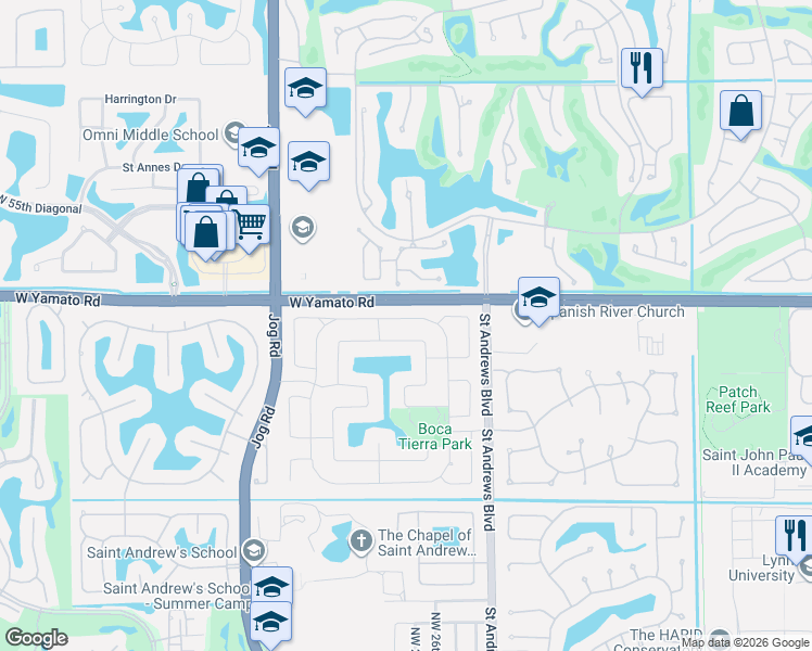 map of restaurants, bars, coffee shops, grocery stores, and more near 2617 Northwest 49th Street in Boca Raton