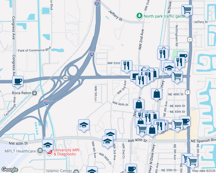 map of restaurants, bars, coffee shops, grocery stores, and more near 5067 Northwest 4th Avenue in Boca Raton