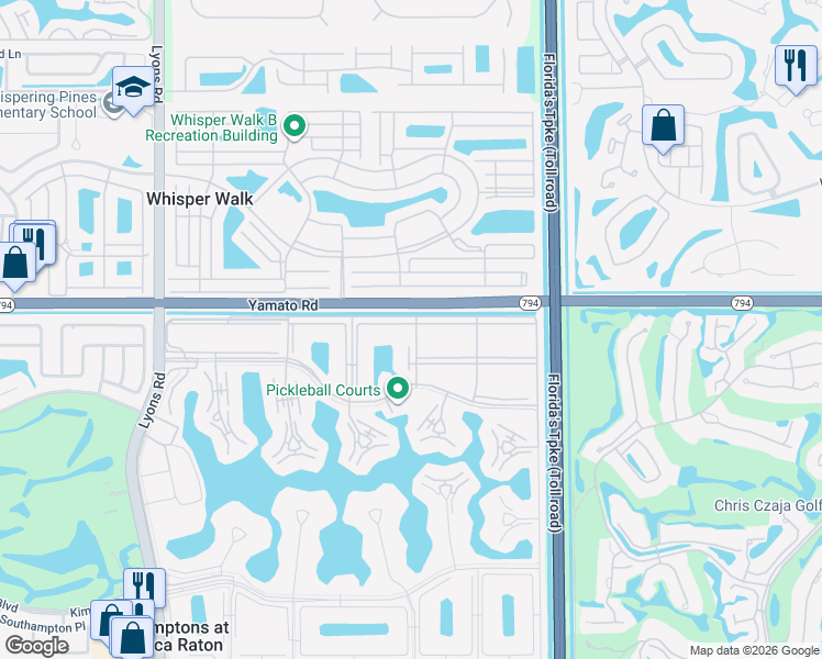 map of restaurants, bars, coffee shops, grocery stores, and more near 19555 East Village Drive in Boca Raton
