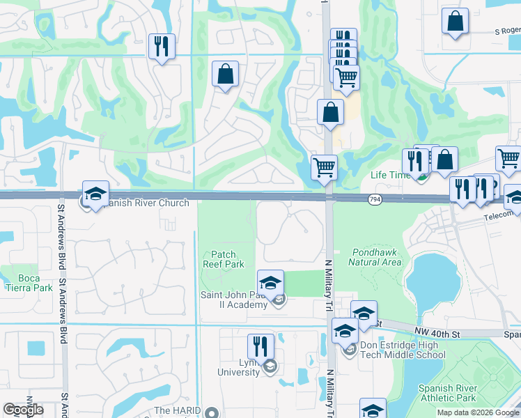 map of restaurants, bars, coffee shops, grocery stores, and more near 5060 Northwest 24th Circle in Boca Raton