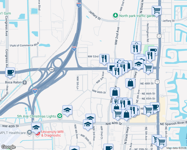 map of restaurants, bars, coffee shops, grocery stores, and more near 4998 Northwest 4th Avenue in Boca Raton