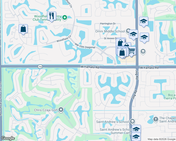map of restaurants, bars, coffee shops, grocery stores, and more near 19030 Fox Landing Drive in Boca Raton