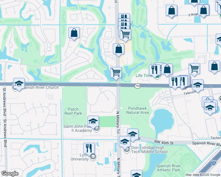 map of restaurants, bars, coffee shops, grocery stores, and more near 2358 Northwest 49th Lane in Boca Raton