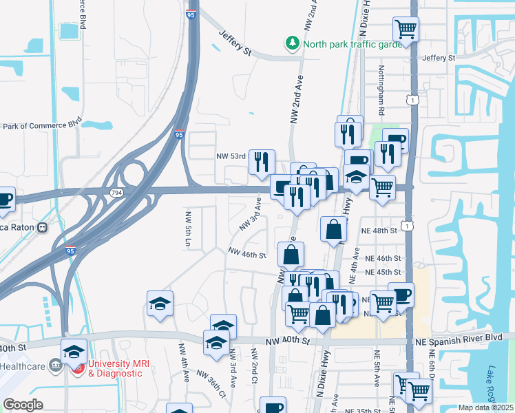map of restaurants, bars, coffee shops, grocery stores, and more near 5031 Northwest 3rd Terrace in Boca Raton