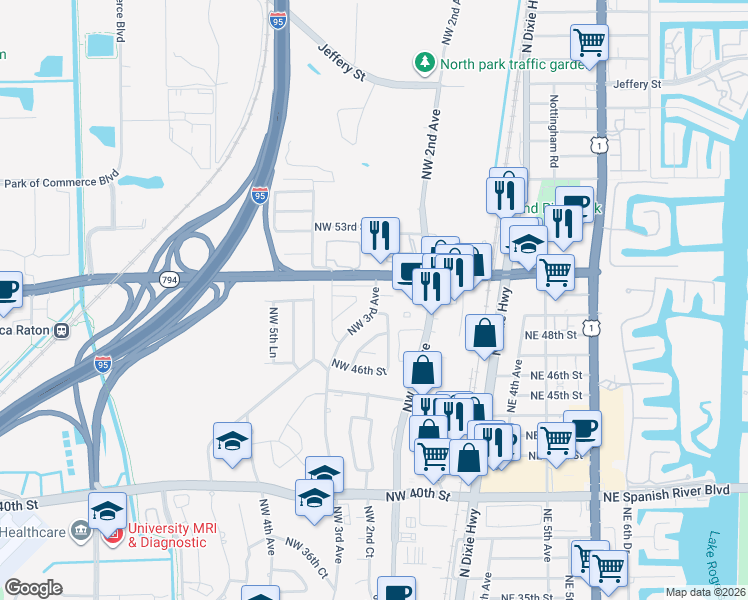 map of restaurants, bars, coffee shops, grocery stores, and more near 5031 Northwest 3rd Terrace in Boca Raton