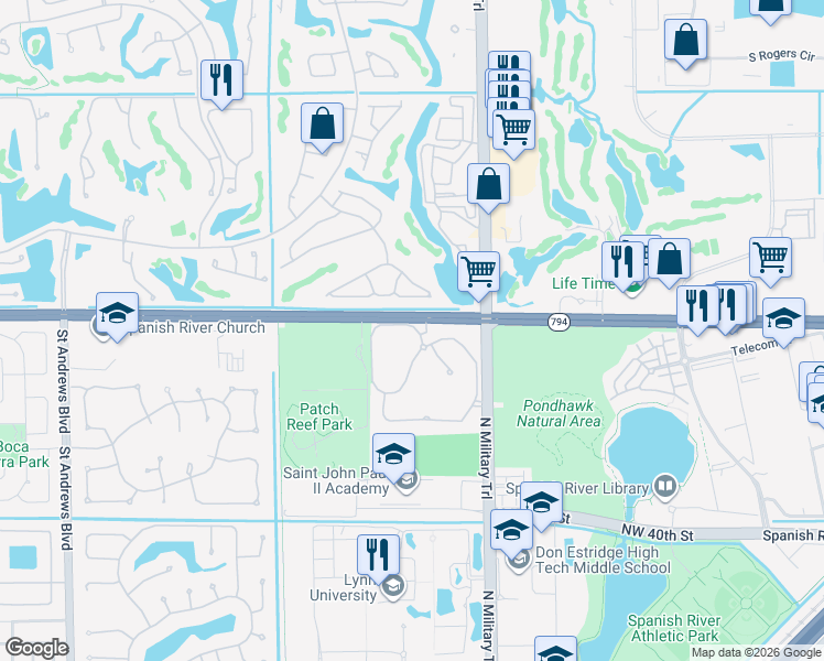 map of restaurants, bars, coffee shops, grocery stores, and more near 5050 Northwest 24th Circle in Boca Raton