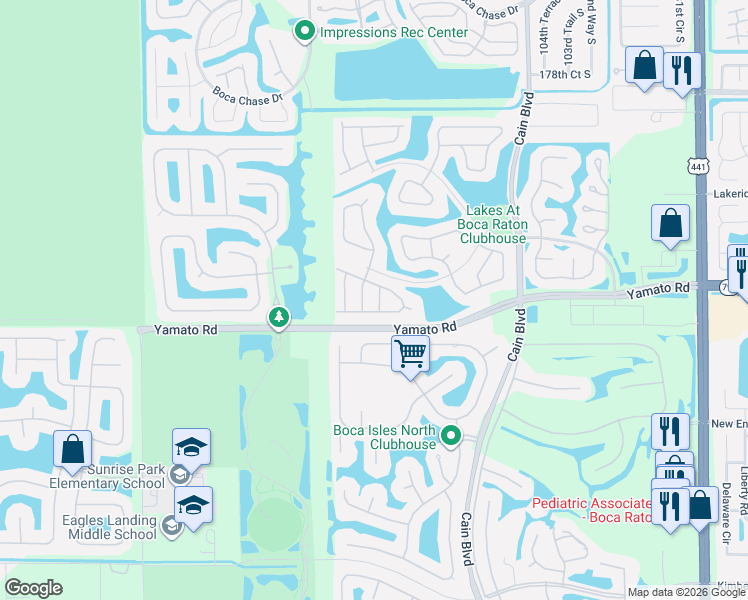 map of restaurants, bars, coffee shops, grocery stores, and more near 18967 Treble Lane in Boca Raton
