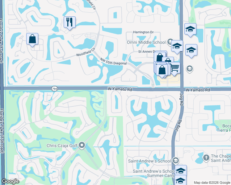 map of restaurants, bars, coffee shops, grocery stores, and more near 19030 Fox Landing Drive in Boca Raton