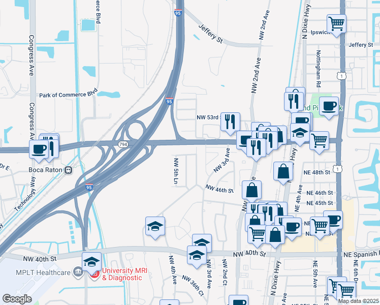map of restaurants, bars, coffee shops, grocery stores, and more near 511 Northwest 50th Place in Boca Raton