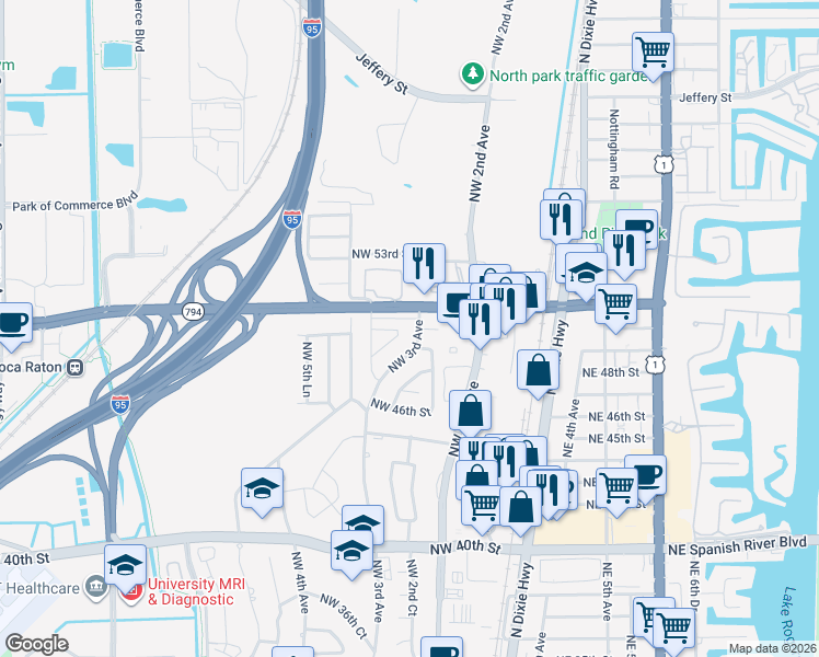 map of restaurants, bars, coffee shops, grocery stores, and more near 5031 Northwest 3rd Terrace in Boca Raton
