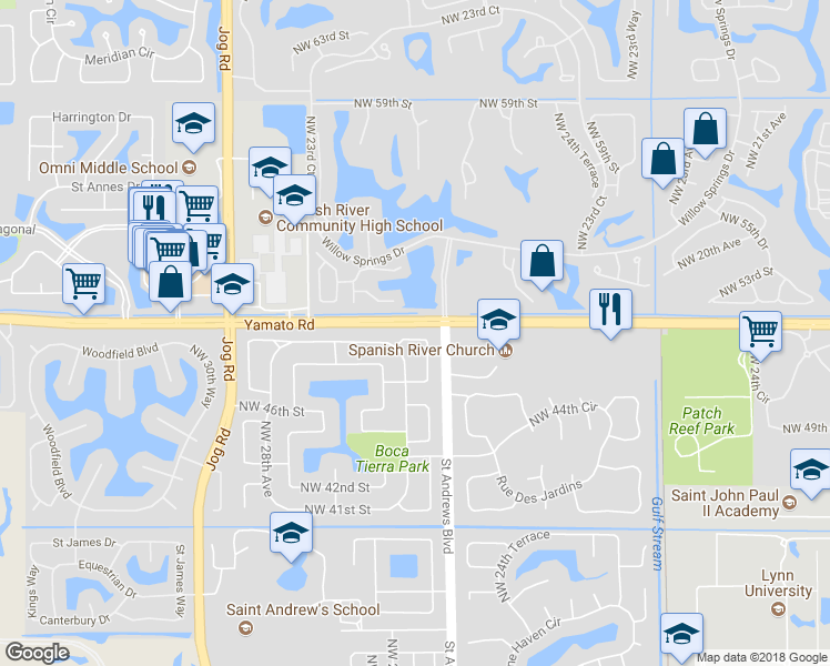map of restaurants, bars, coffee shops, grocery stores, and more near 2525 Northwest 49th Street in Boca Raton