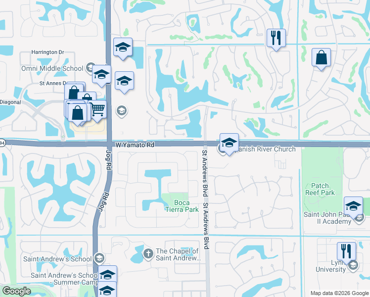 map of restaurants, bars, coffee shops, grocery stores, and more near 2525 Northwest 49th Street in Boca Raton