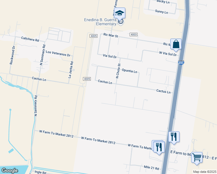 map of restaurants, bars, coffee shops, grocery stores, and more near 912 Cactus Lane in Edinburg