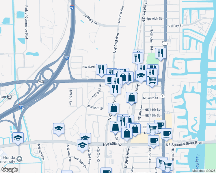 map of restaurants, bars, coffee shops, grocery stores, and more near 277 Northwest 50th Place in Boca Raton