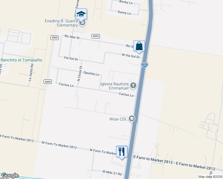 map of restaurants, bars, coffee shops, grocery stores, and more near 401 Cactus Lane in Edinburg