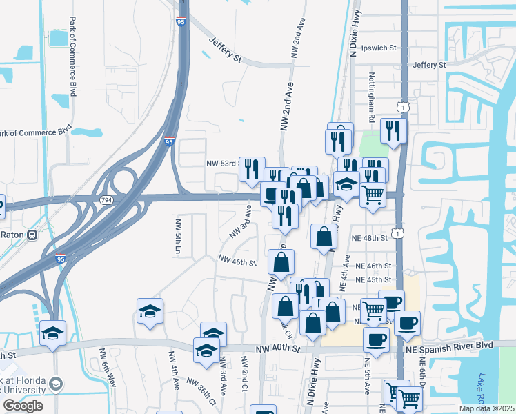 map of restaurants, bars, coffee shops, grocery stores, and more near 277 Northwest 50th Place in Boca Raton