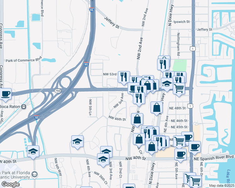 map of restaurants, bars, coffee shops, grocery stores, and more near 5031 Northwest 3rd Terrace in Boca Raton