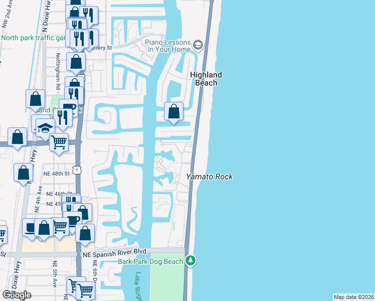 map of restaurants, bars, coffee shops, grocery stores, and more near 4600 South Ocean Boulevard in Highland Beach