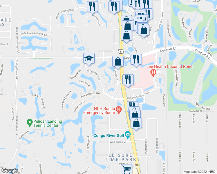 map of restaurants, bars, coffee shops, grocery stores, and more near 23680 Walden Center Drive in Bonita Springs