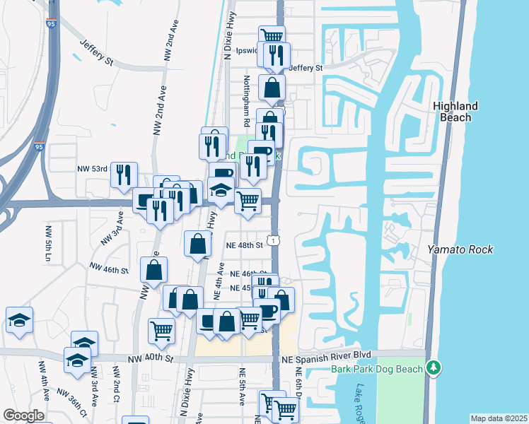 map of restaurants, bars, coffee shops, grocery stores, and more near 5099 North Federal Highway in Boca Raton
