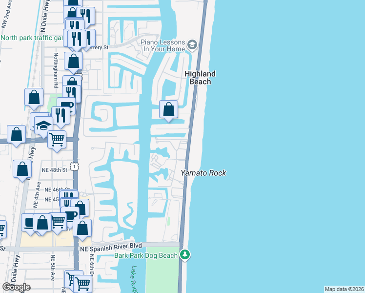 map of restaurants, bars, coffee shops, grocery stores, and more near 4600 South Ocean Boulevard in Highland Beach