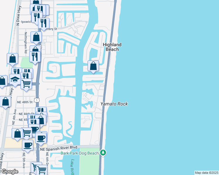 map of restaurants, bars, coffee shops, grocery stores, and more near 4605 South Ocean Boulevard in Highland Beach