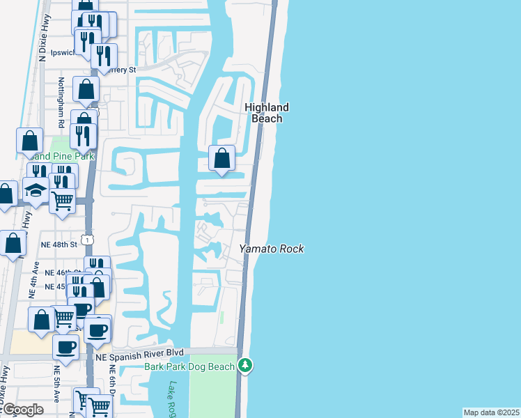 map of restaurants, bars, coffee shops, grocery stores, and more near 4605 South Ocean Boulevard in Highland Beach