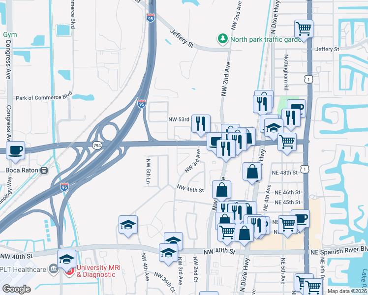 map of restaurants, bars, coffee shops, grocery stores, and more near 5031 Northwest 3rd Terrace in Boca Raton