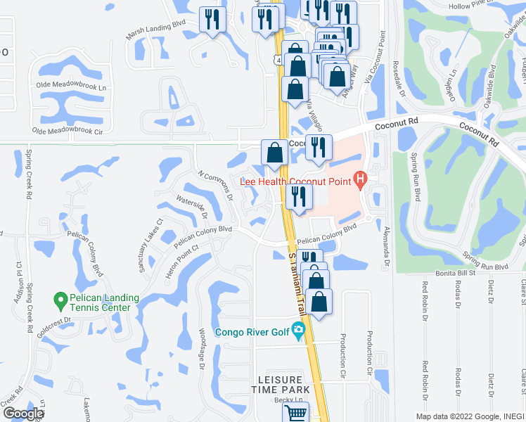 map of restaurants, bars, coffee shops, grocery stores, and more near 23710 Walden Center Drive in Bonita Springs
